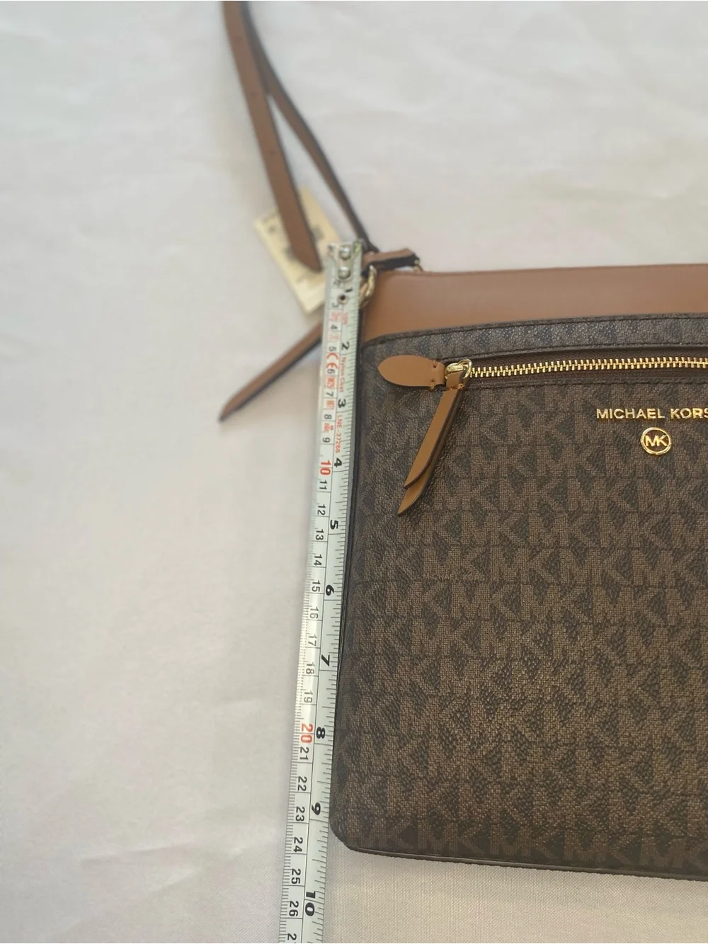 Michael Kors Brown Monogram Crossbody with Tan Trim and Gold Hardware